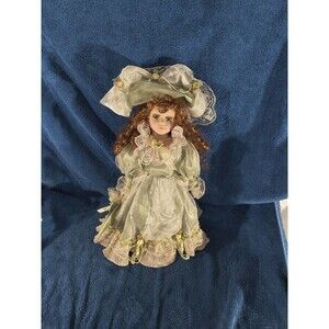 Victorian Style Porcelain Doll with Green Dress and Hat Cathay Collection